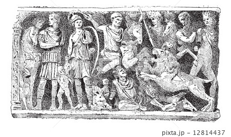 Bas-relief of a sarcophagus Jovin reims, vintage engraving. 12814437