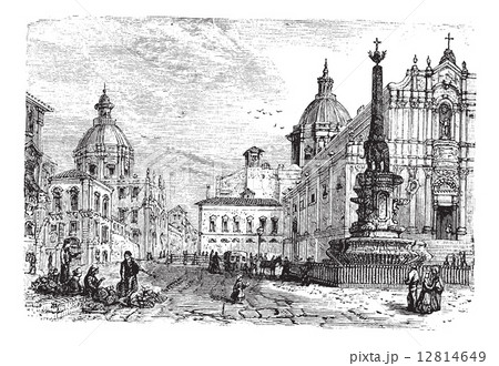 The Elephant fountain,Catania vintage engraving 12814649