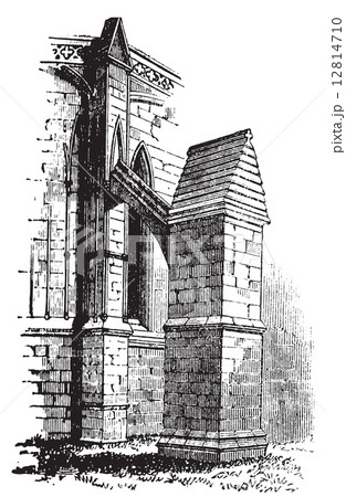 Buttress arch of Lincoln Cathedral chapter, England. Old engravi 12814710