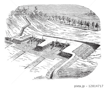 Artillery batteries on terreplein during siege vintage engraving 12814717