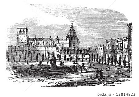 Historic cathedral building at Guadalajara, Mexico vintage engra 12814823