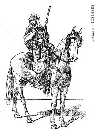 Spahi with weapon on horse, vintage engraving. 12814885