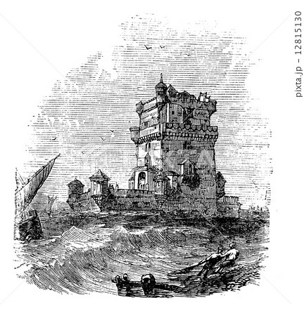 Belem Tower, in Lisbon, Portugal, during the 1890s, vintage engr Belem Tower, in Lisbon, Portugal, during the 1890s, vintage engr 12815130