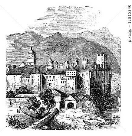 Mount Athos or The Holy Mountain, Macedonia, Greece. Vintage eng 12815340