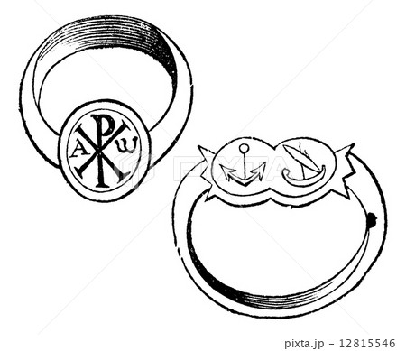 Two christian episcopal rings with symbols vintage engraving 12815546