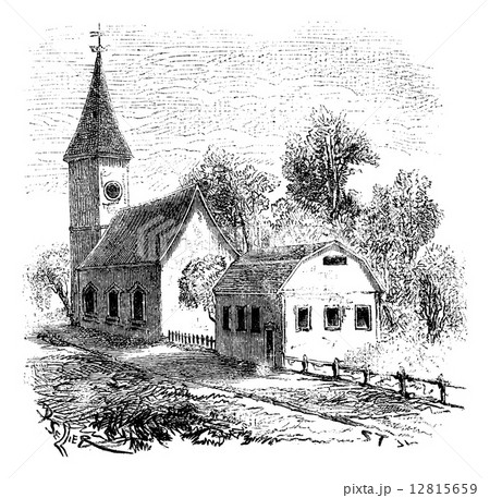 The oldest school in Boston, vintage engraving. The oldest school in Boston, vintage engraving. 12815659