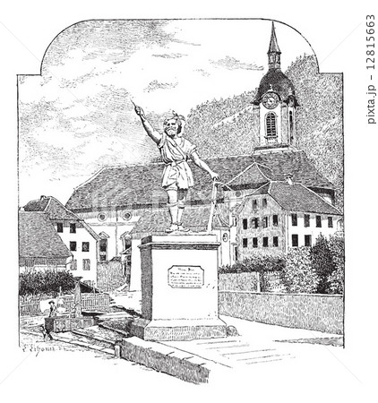 Statue of William Tell in Altdorf, Uri, vintage engraving. 12815663