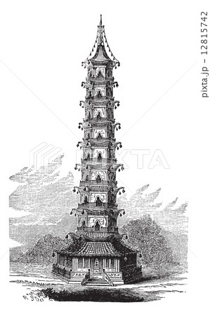 Porcelain Tower of Nanjing, in China, vintage engraved illustrat 12815742