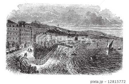 Promenade des Anglais in Nice, France, vintage engraved illustra 12815772