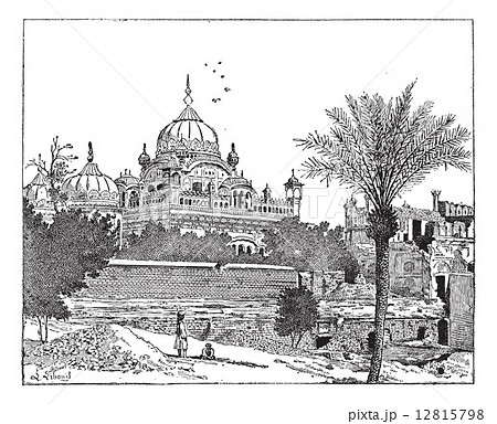 Mausoleum of Ranjit Singh, Lahore, Pakistan, vintage engraving. 12815798