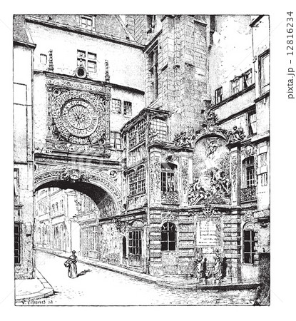 Rouen, the big clock, Normandy, France, vintage engraving. 12816234