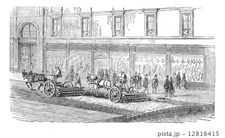 People sweeping the street with carts vintage engraving 12816415