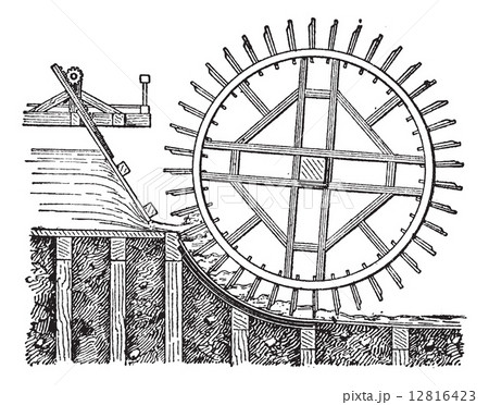 Waterwheel plane float, vintage engraving. Waterwheel plane float, vintage engraving. 12816423