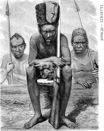 Pahouins warriors, vintage engraving. Pahouins warriors, vintage engraving. 12816731