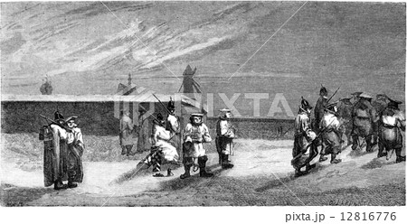 The convicts near the walls in Riga, vintage engraving. The convicts near the walls in Riga, vintage engraving. 12816776