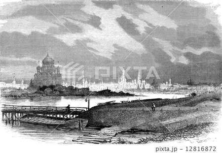 Overview of Moscow, taken from the Crimean Ford, vintage engravi Overview of Moscow, taken from the Crimean Ford, vintage engravi 12816872