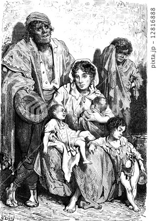 A family of beggars in Jaen, vintage engraving. A family of beggars in Jaen, vintage engraving. 12816888
