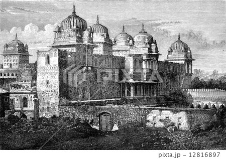 The Raj Mahal (Royal Palace) in Orchha, vintage engraving. The Raj Mahal (Royal Palace) in Orchha, vintage engraving. 12816897