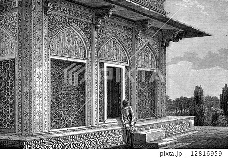 Mausoleum of I'timad-ud-Daulah upper kiosk in Agra, vintage engr Mausoleum of I'timad-ud-Daulah upper kiosk in Agra, vintage engr 12816959