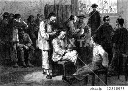 Chinese barbers. Customers standing waiting for their number, vi 12816973