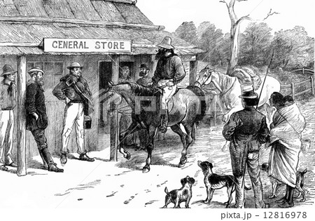Settlers Queensland. Store tasting, vintage engraving. Settlers Queensland. Store tasting, vintage engraving. 12816978