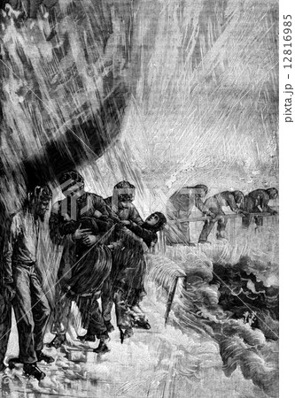 A dangerous walk. The mysterious fog, vintage engraving. 12816985