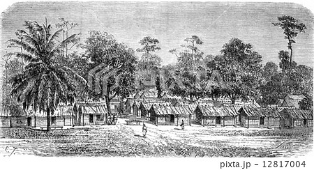 Village of skirmishers in Gabon, vintage engraving. 12817004