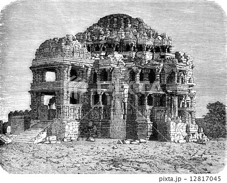Jain temple of Adinath, Gwalior, vintage engraving. 12817045