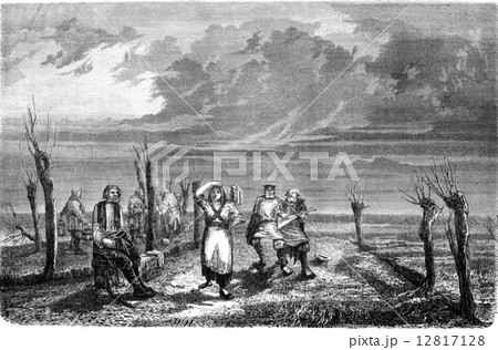 A merchant kvass in Livonia, vintage engraving. 12817128