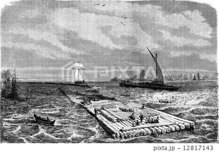 Praam and rafts on the Dvina, vintage engraving. 12817143