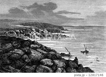 The town of Batz. The rocks, vintage engraving. 12817146
