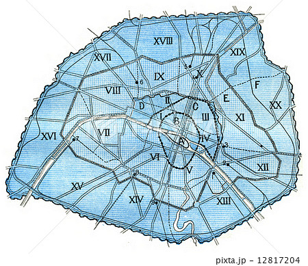 Map of concentric enclosures, Paris, vintage engraving. 12817204