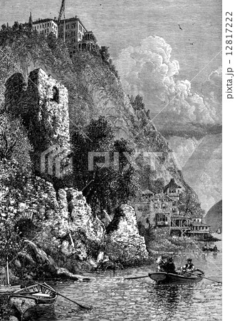 The hotel Coppens, on the Hudson River, vintage engraving. 12817222