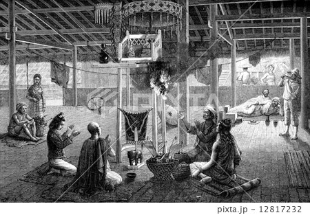 Inside the pagoda Paleo, vintage engraving. 12817232