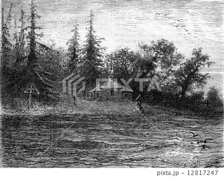 Shore of the Dvina, vintage engraving. 12817247