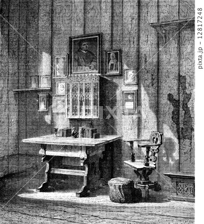 Luther's room at Wartburg, the ink stain, vintage engraving. Luther's room at Wartburg, the ink stain, vintage engraving. 12817248