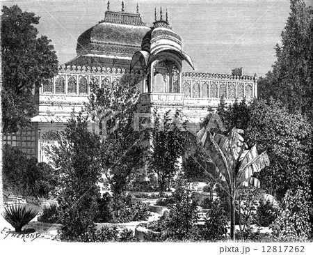 Gardens of the island of Jag Niwas, Udaipur, vintage engraving 12817262