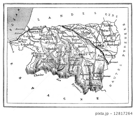 Map of the department of Lower Pyrenees, vintage engraving. Map of the department of Lower Pyrenees, vintage engraving. 12817264