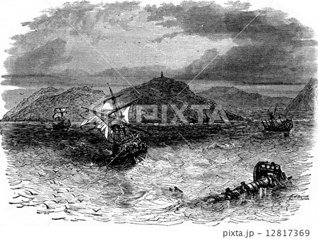 A naval battle. He took the collision three vessels, vintage eng 12817369