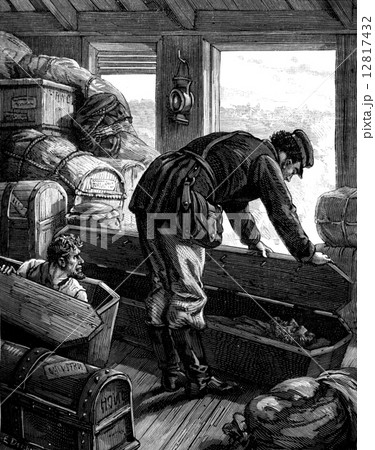 In American railway. I lifted up the coffin, vintage engraving. 12817432