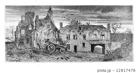 Hougomont Farm in Waterloo, vintage engraving Hougomont Farm in Waterloo, vintage engraving 12817476