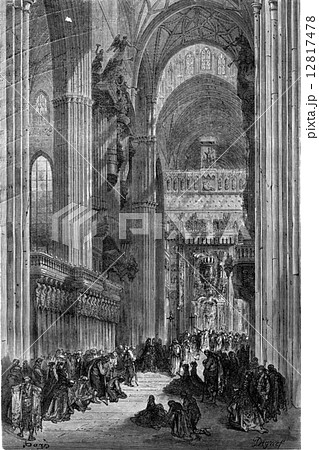 Interior of the Cathedral of Seville, vintage engraving. 12817478