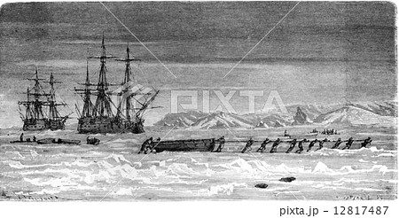 Spitsbergen, Ships trapped in the ice, vintage engraving. Spitsbergen, Ships trapped in the ice, vintage engraving. 12817487