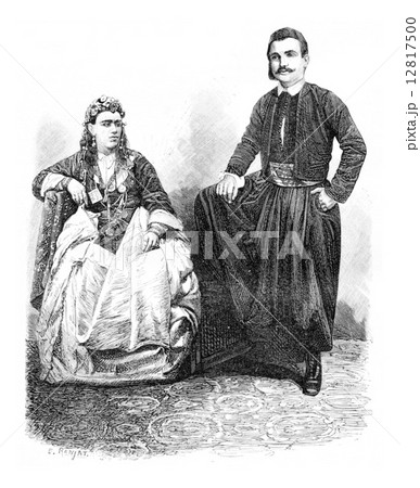 Muslim Man and Woman in Acre, Israel, vintage engraving 12817500