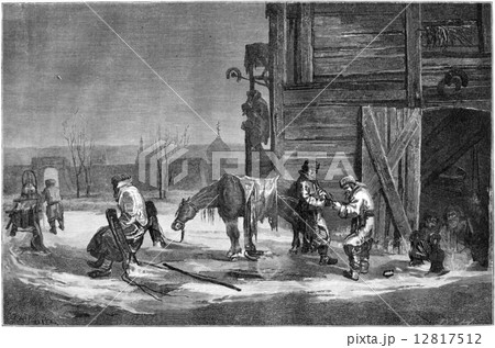 Blacksmith in the suburb of Moscow, Riga, vintage engraving. Blacksmith in the suburb of Moscow, Riga, vintage engraving. 12817512