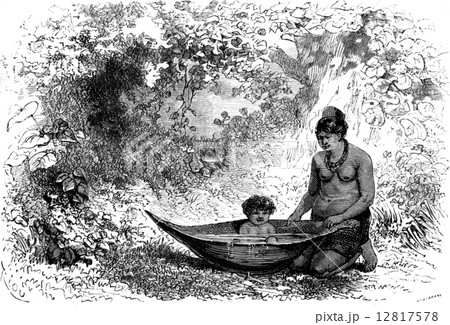 Bath in a palm spathe, vintage engraving. 12817578