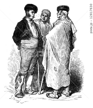 Majo and farmers around Jerez (Sherry), vintage engraving. 12817630