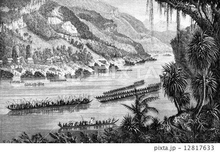 Boat race on the Mekong, vintage engraving. Boat race on the Mekong, vintage engraving. 12817633