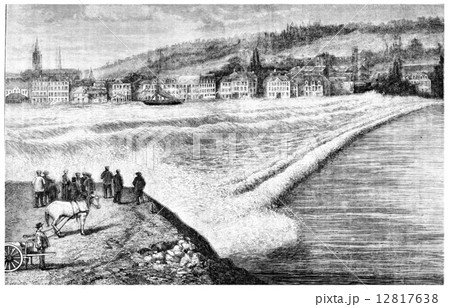 The bar of the Seine, vintage engraving. The bar of the Seine, vintage engraving. 12817638