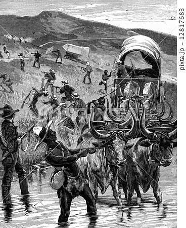 The Boers. Crossing a ford on the enemy, vintage engraving. 12817683